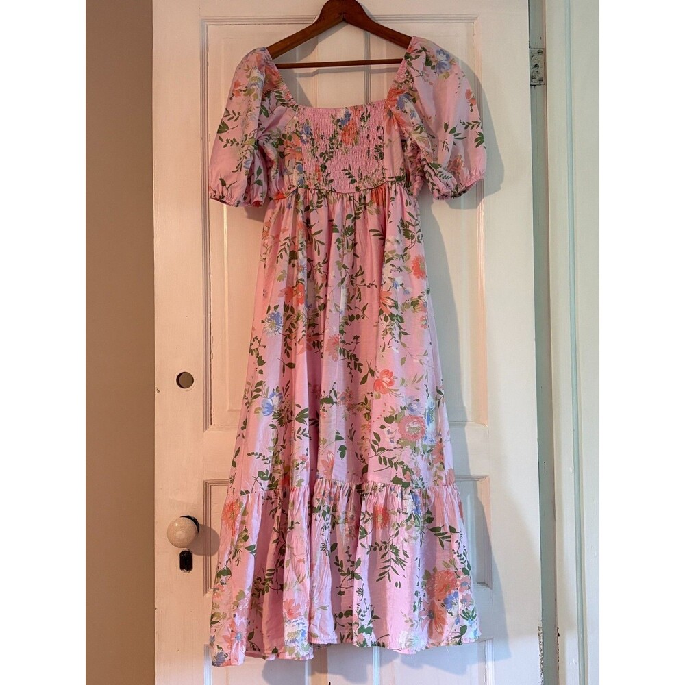 By The River Floral Midi Dress Womens S Pink Puff Sleeve Smocked Cottagecore - Picture 2 of 7